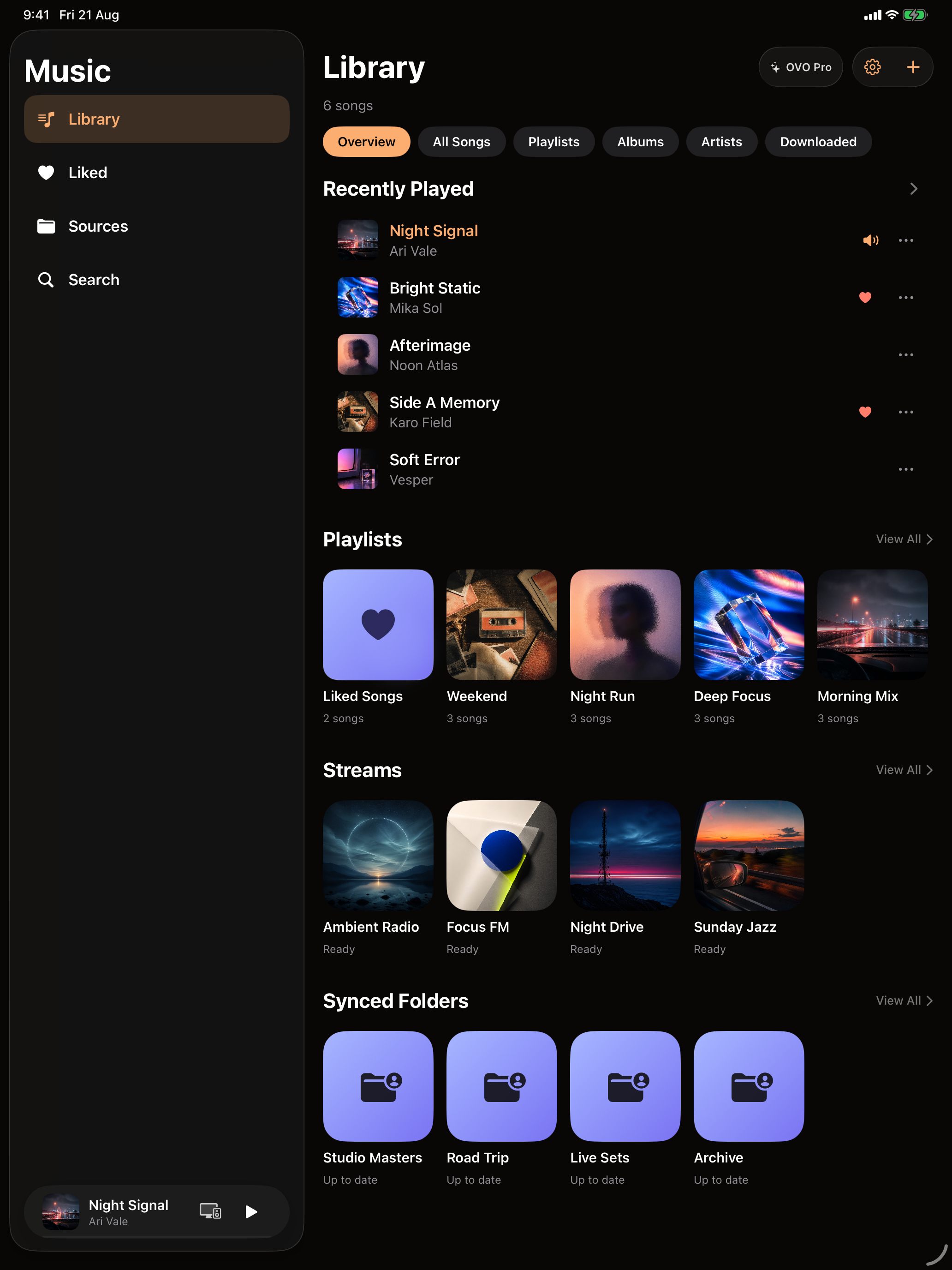 OVO on iPad in portrait showing the Library with recently played tracks, playlists, streams and synced folders in one view.