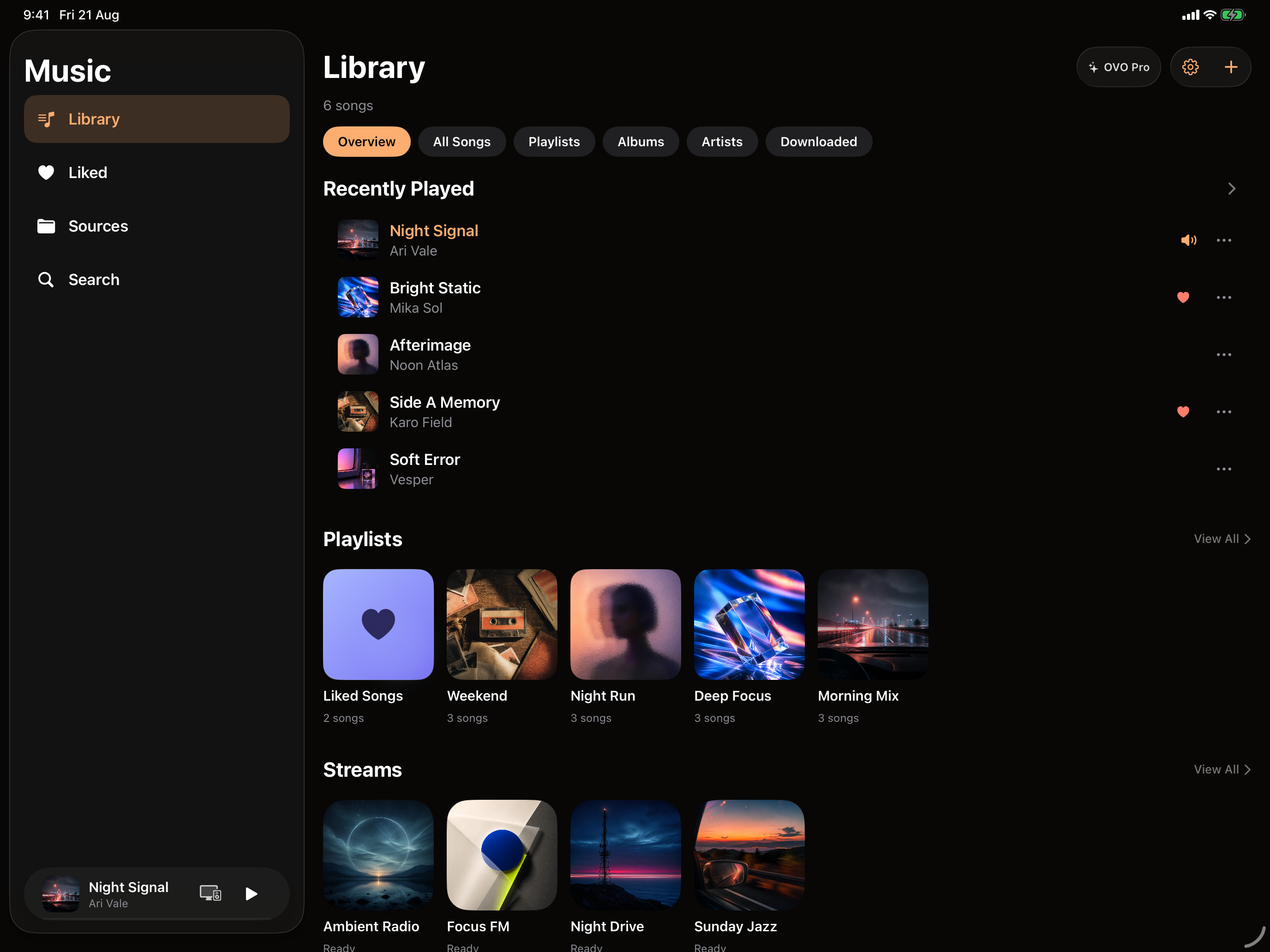 OVO on iPad in landscape with a sidebar for Library, Liked, Sources and Search beside wide artwork grids.