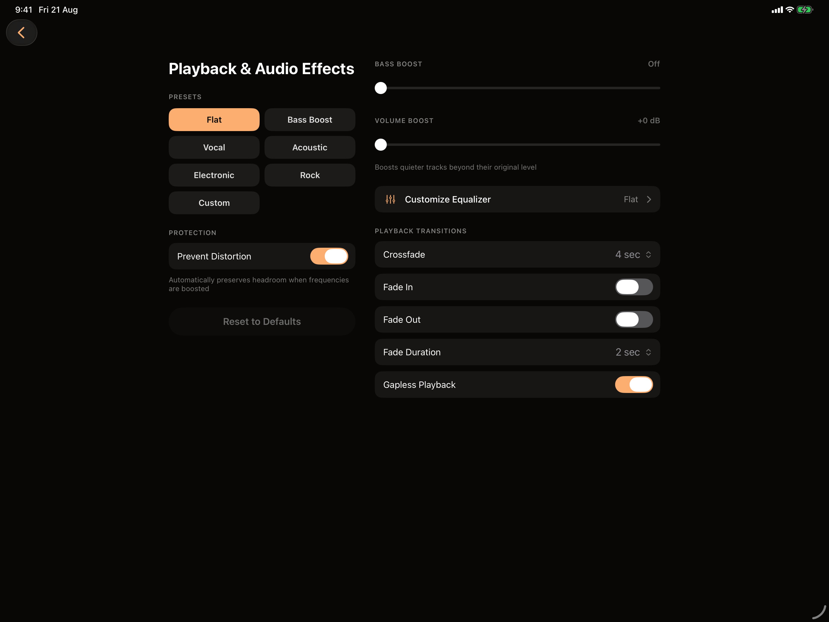 Playback and Audio Effects in OVO on iPad: presets, Bass Boost and Volume Boost, the equalizer entry and playback transitions side by side.