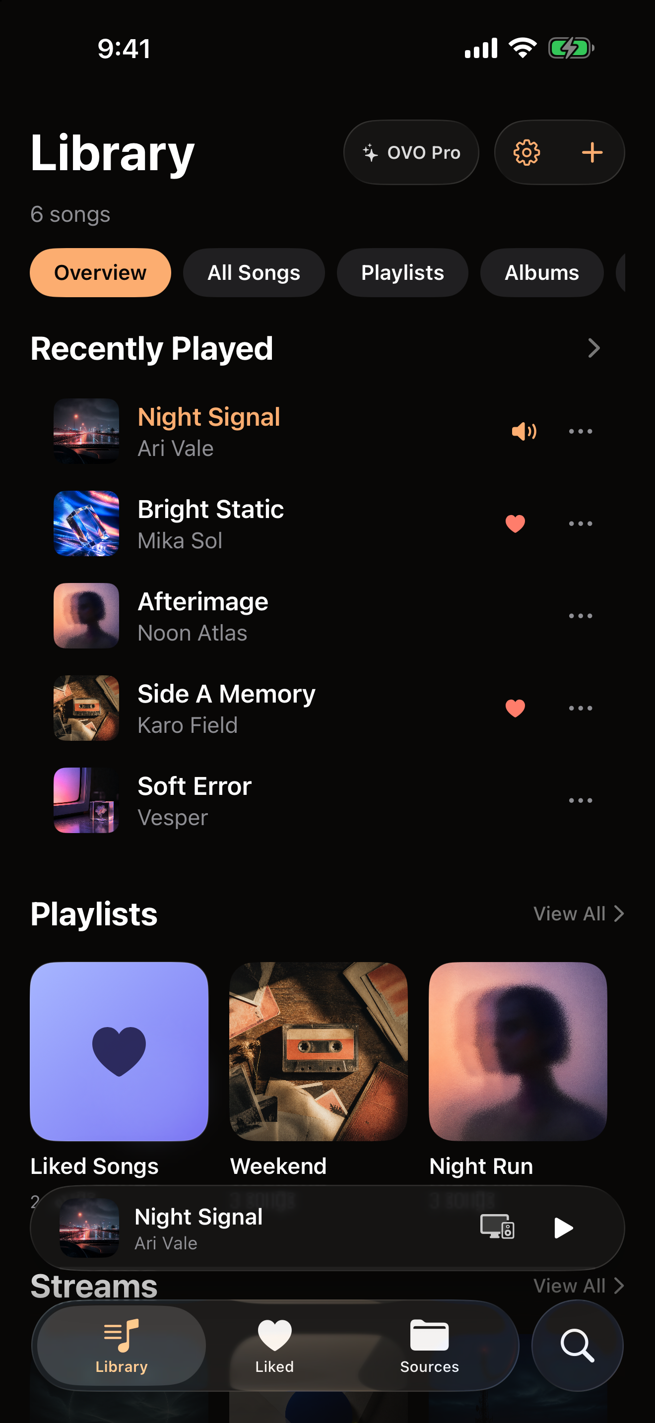 OVO on iPhone showing the Library overview with recently played tracks and the Liked Songs, Weekend and Night Run playlists.
