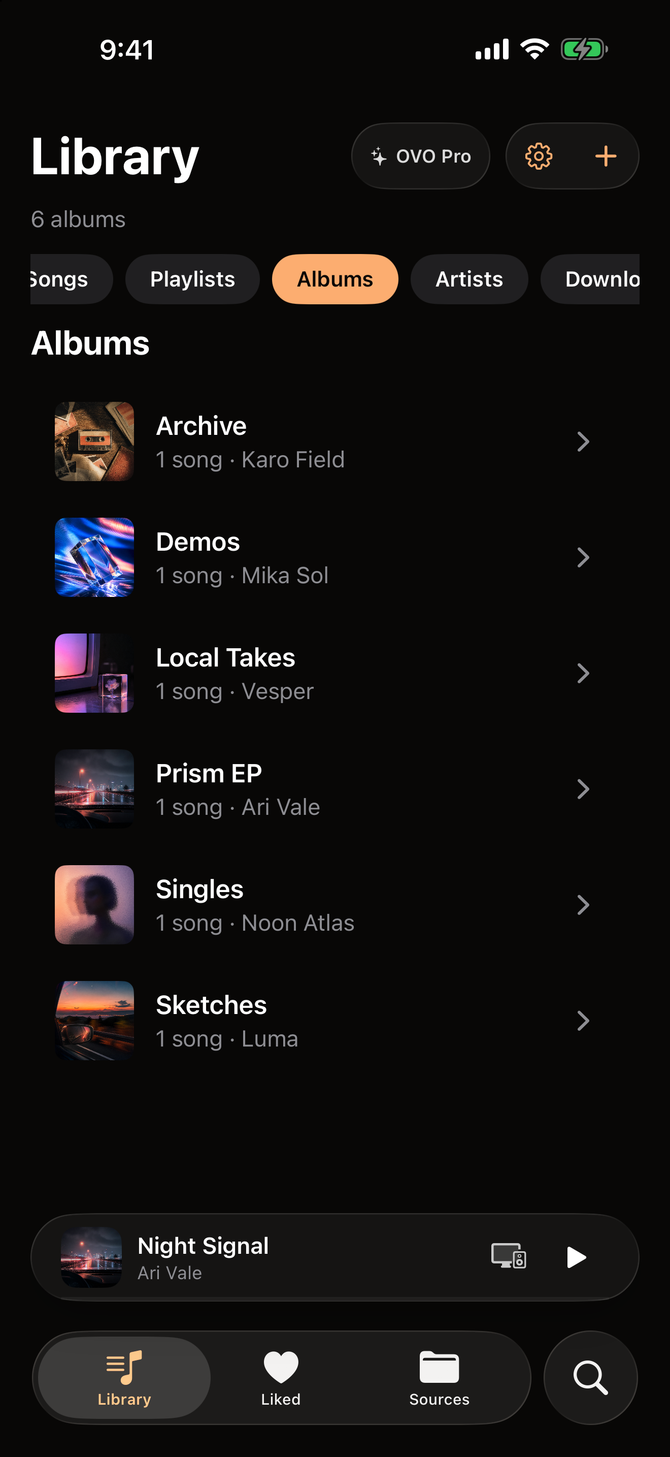 OVO on iPhone listing albums — Archive, Demos, Local Takes, Prism EP, Singles and Sketches — each with artwork and a track count.
