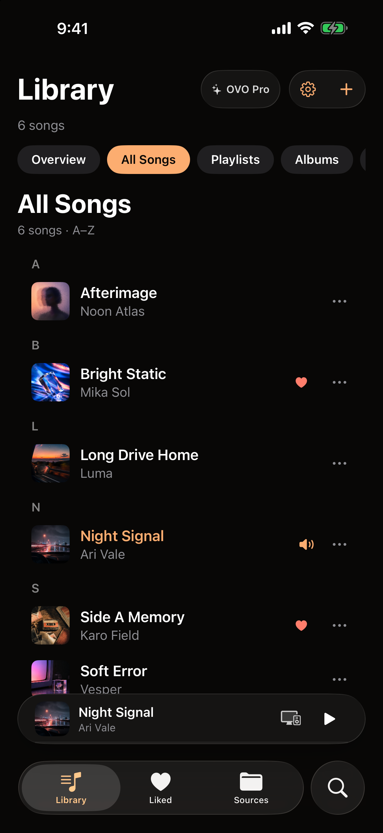 OVO on iPhone showing the All Songs list sorted alphabetically, with artwork and artist names for each track.