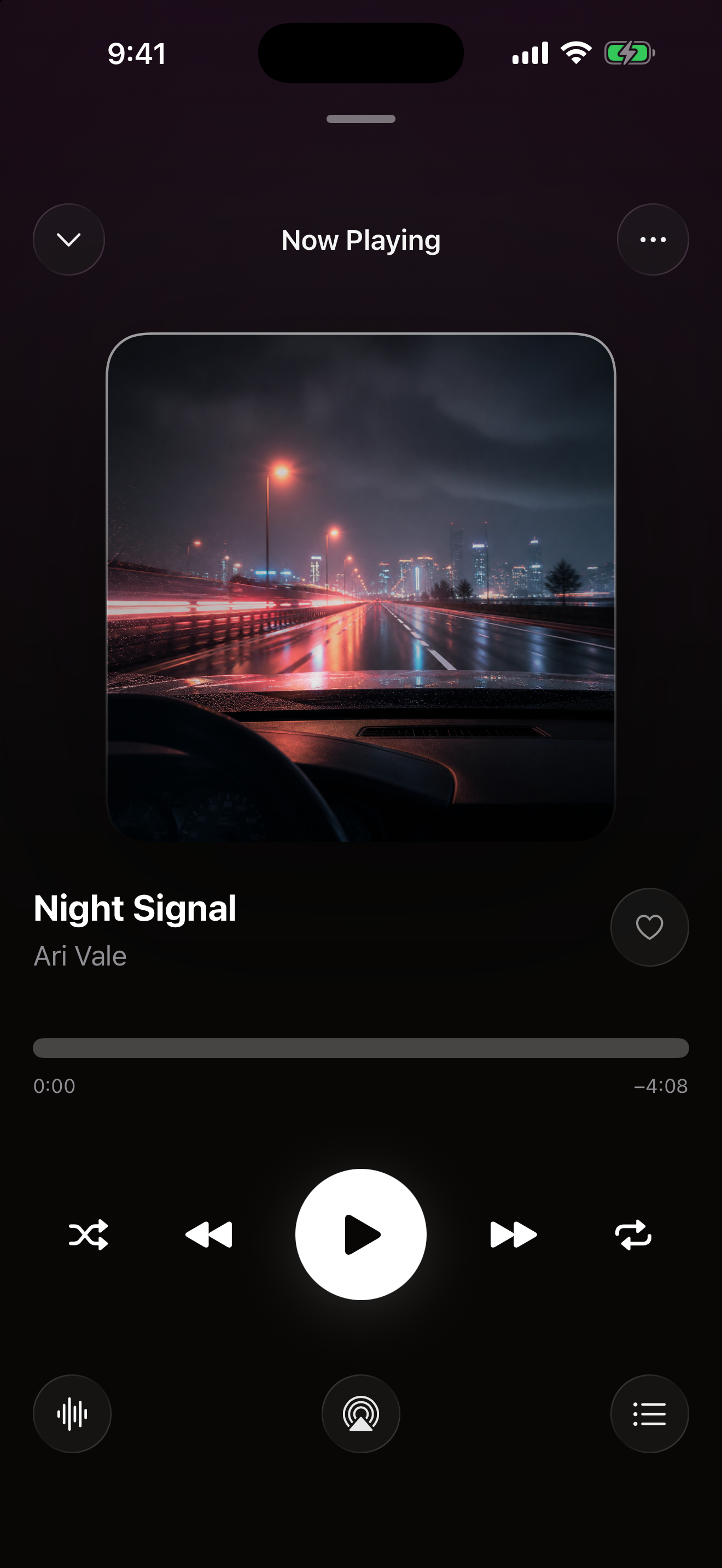 OVO Now Playing on iPhone: large album artwork, progress bar, shuffle, skip, repeat and output controls.