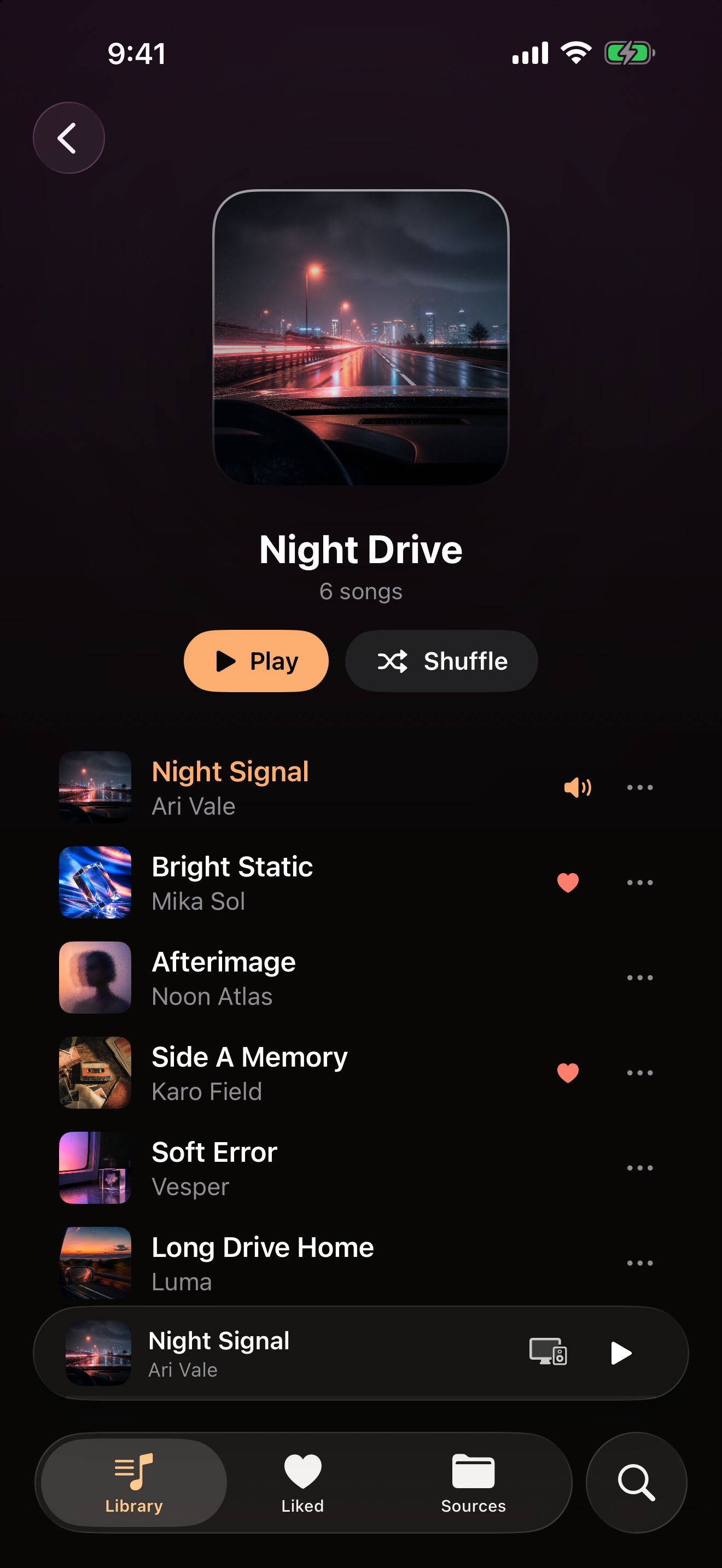 The Night Drive playlist in OVO on iPhone, with playlist artwork, play and shuffle buttons and its six tracks.