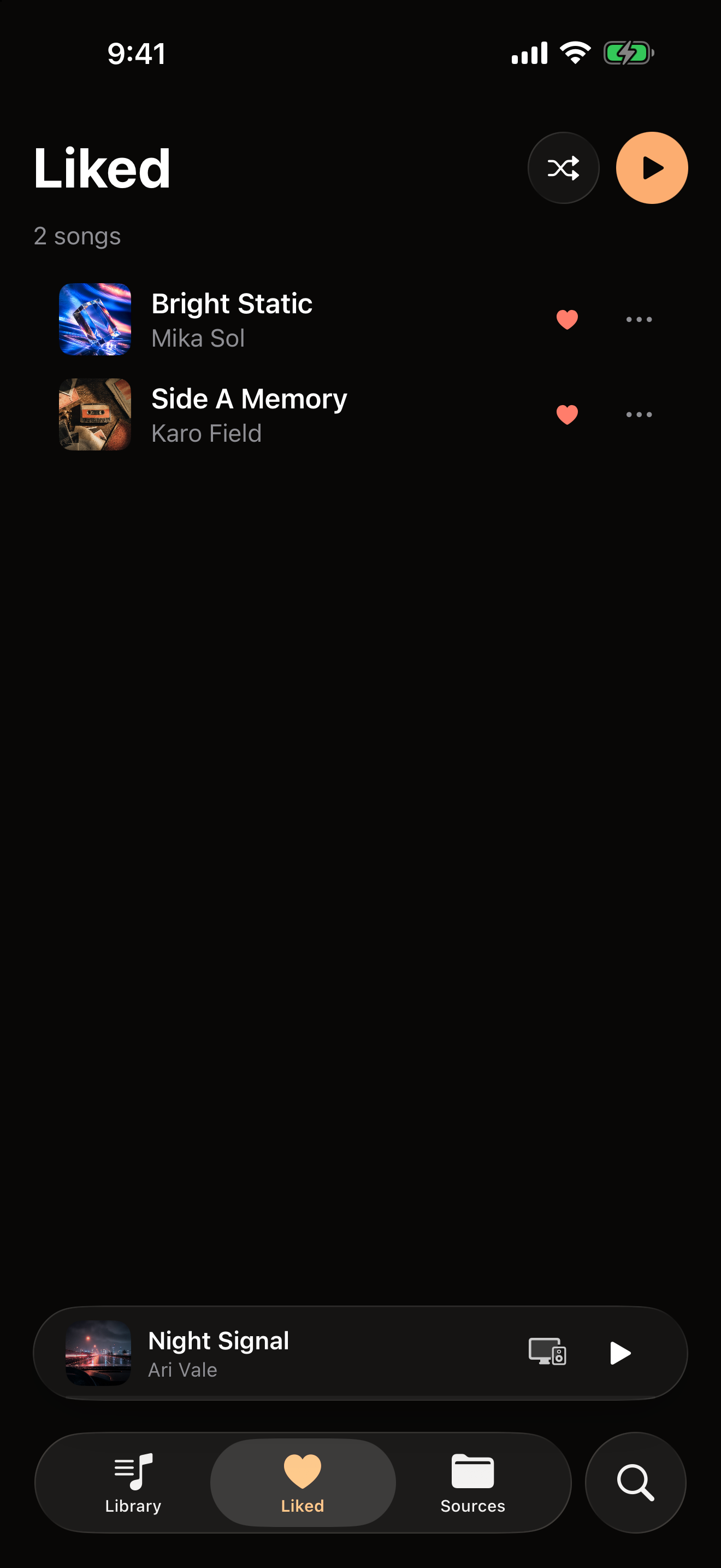 The Liked screen in OVO on iPhone showing the two tracks marked with a heart.