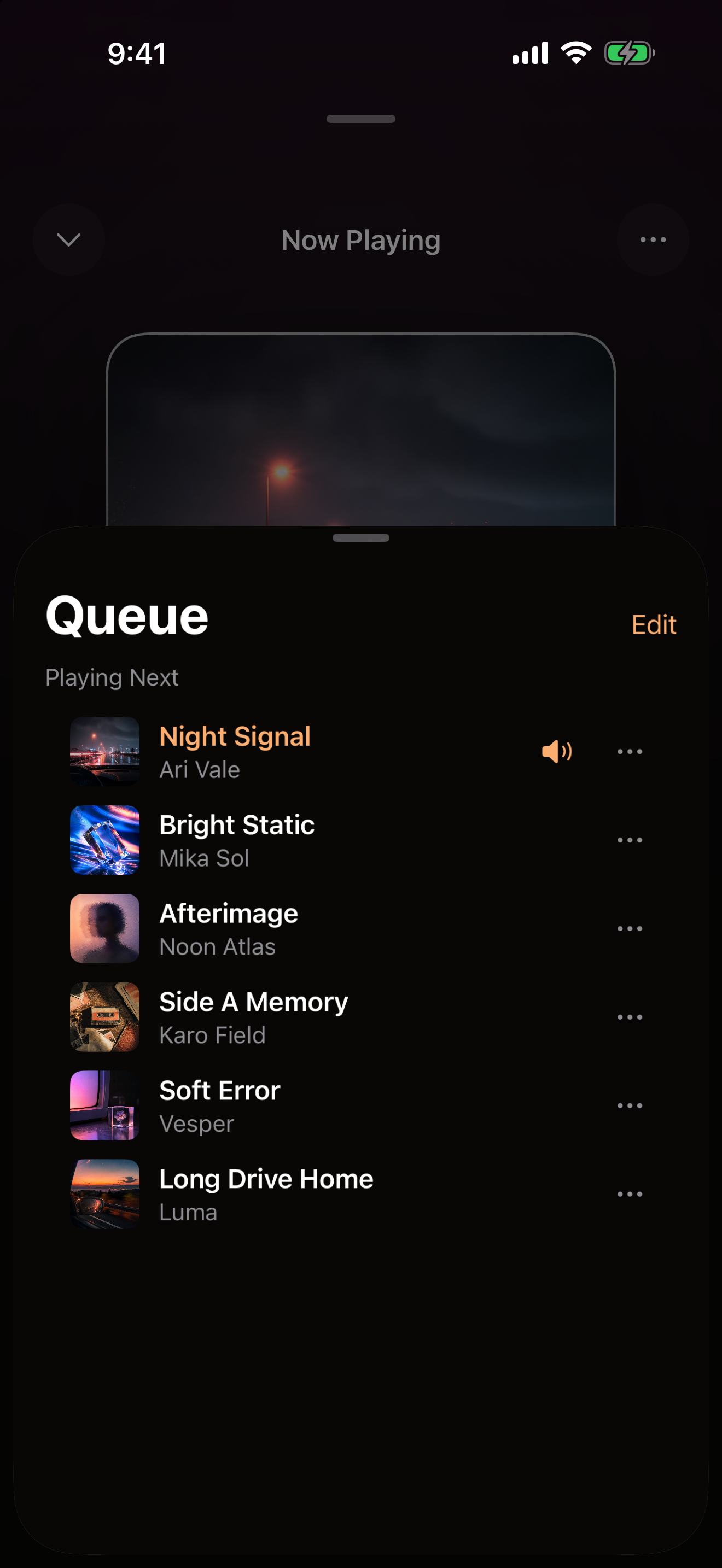 The Playing Next queue in OVO on iPhone, overlaying Now Playing with the rest of the current session.