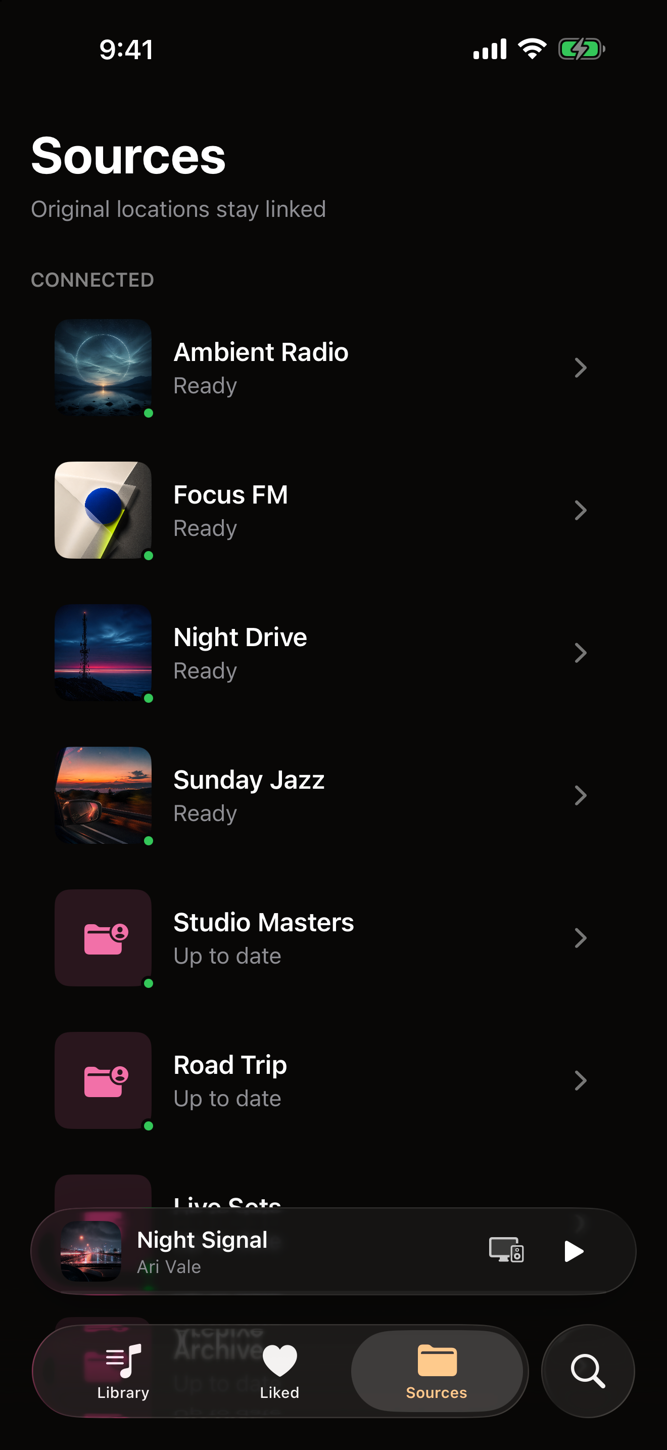 The Sources screen in OVO on iPhone listing connected streams and synced folders, each marked Ready or Up to date.