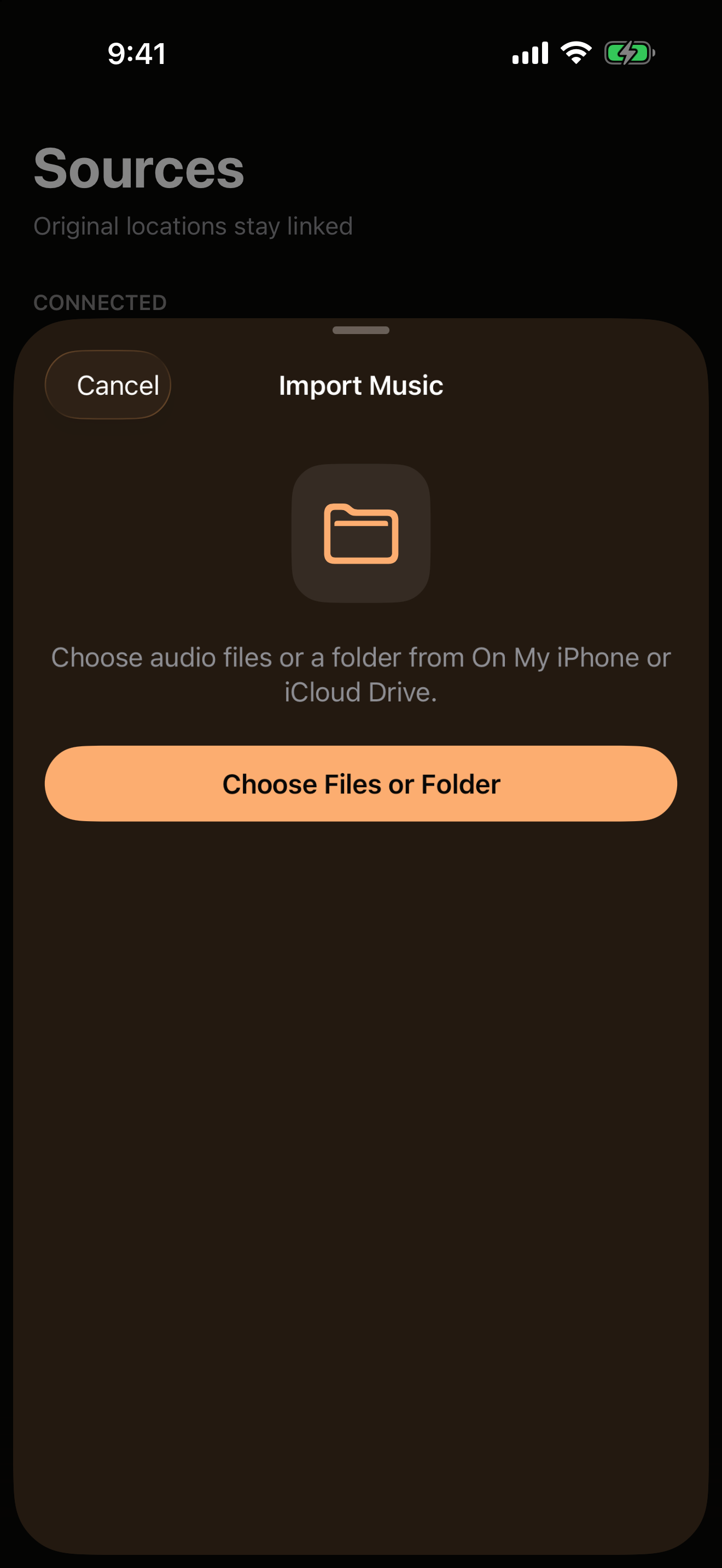 The Import Music sheet in OVO on iPhone, offering Choose Files or Folder from On My iPhone or iCloud Drive.