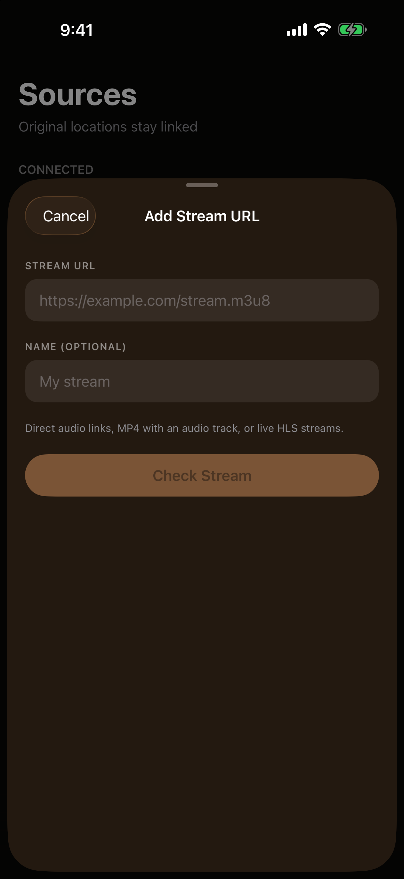 The Add Stream URL sheet in OVO on iPhone, with fields for a stream address and an optional name and a Check Stream button.