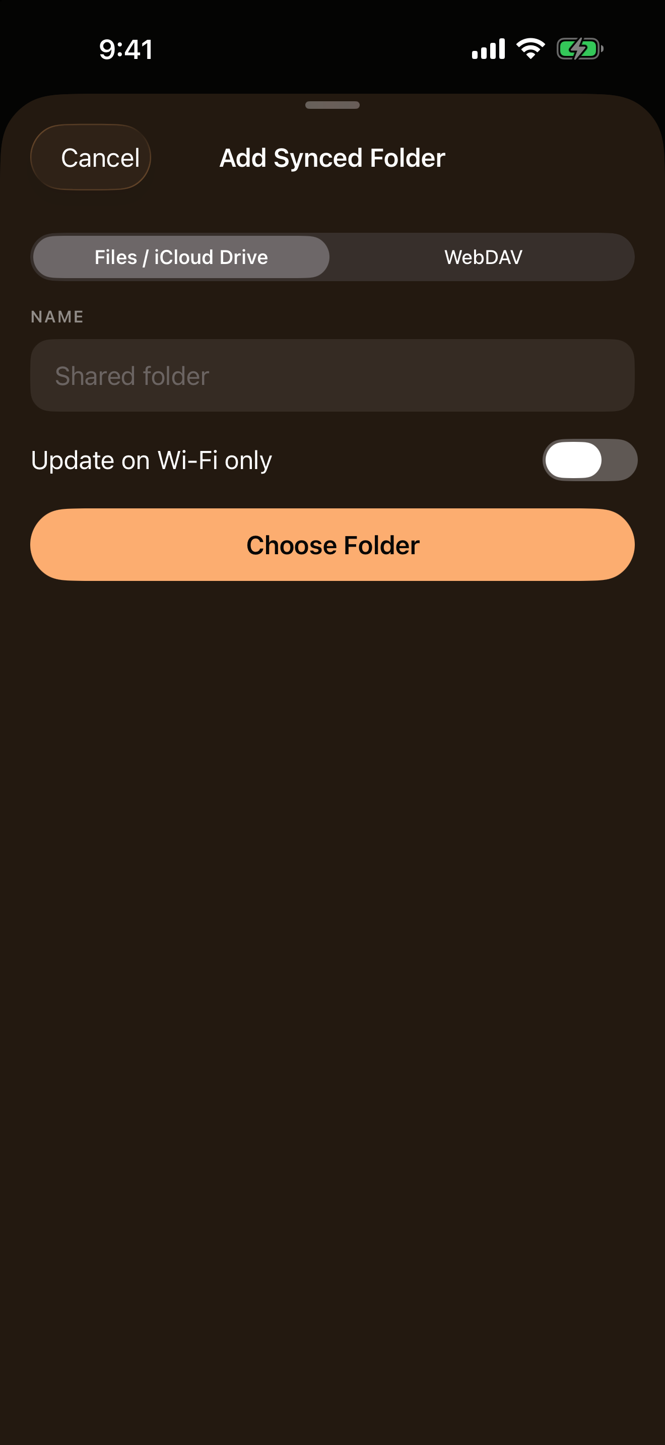 The Add Synced Folder sheet in OVO on iPhone, with Files / iCloud Drive and WebDAV options, a name field and a Wi-Fi only toggle.