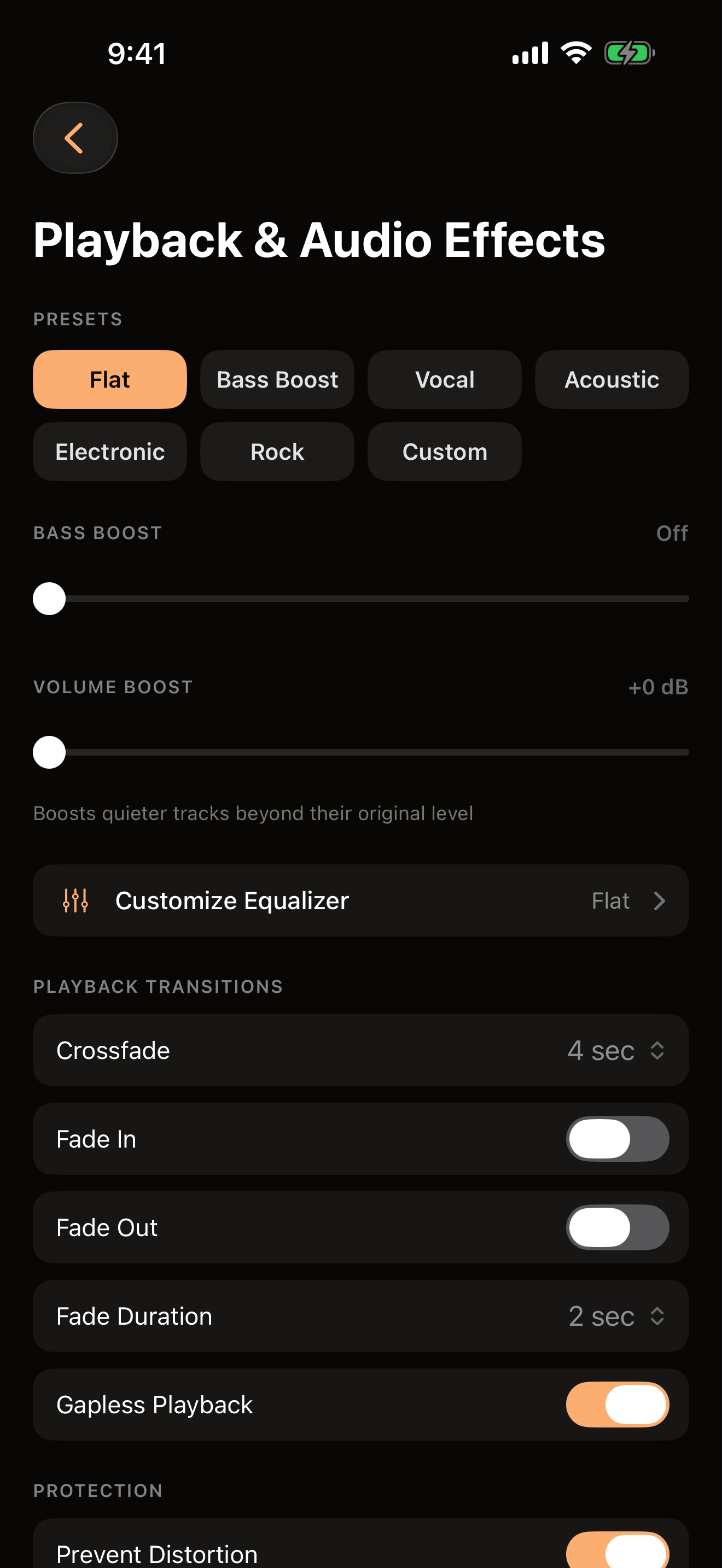 Playback and Audio Effects in OVO on iPhone: EQ presets, Bass Boost and Volume Boost sliders, crossfade, fades and gapless playback.