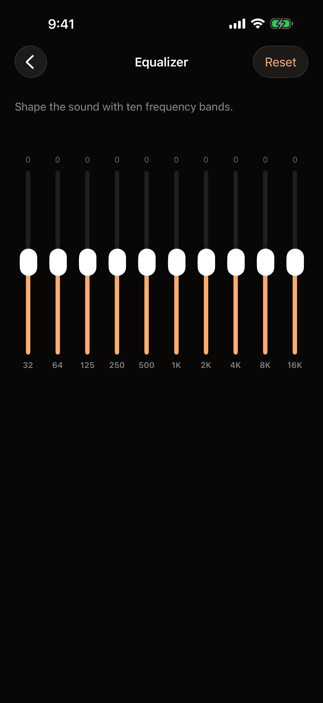 The ten-band equalizer in OVO on iPhone, with faders from 32 Hz to 16 kHz and a Reset control.