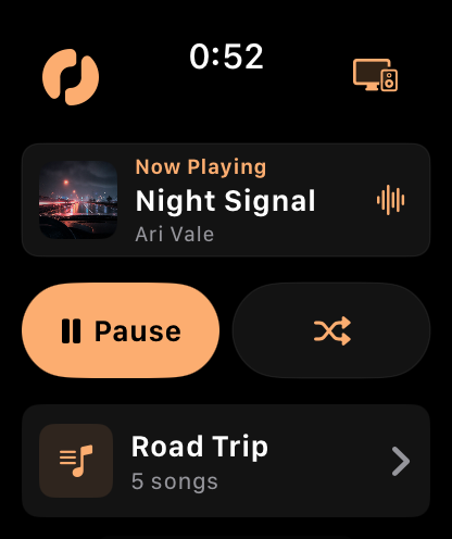 OVO on Apple Watch showing Now Playing, Pause and shuffle controls above the Road Trip playlist.