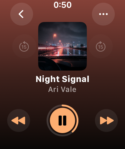 Now Playing on Apple Watch in OVO, with album artwork, track title and full transport controls.