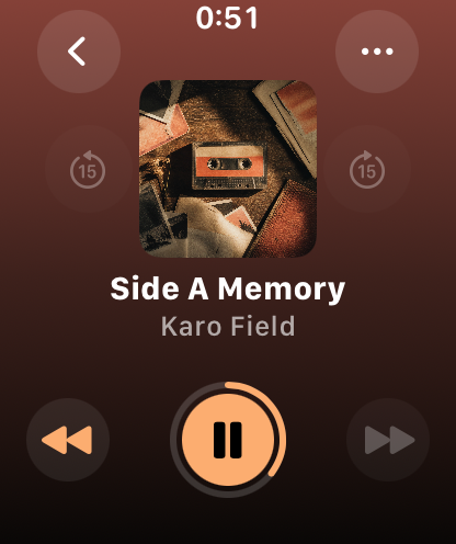 A downloaded album track playing on Apple Watch in OVO, showing its artwork and paused transport controls.