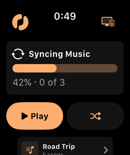OVO on Apple Watch syncing music, showing a progress bar at 42 percent and 0 of 3 tracks transferred.
