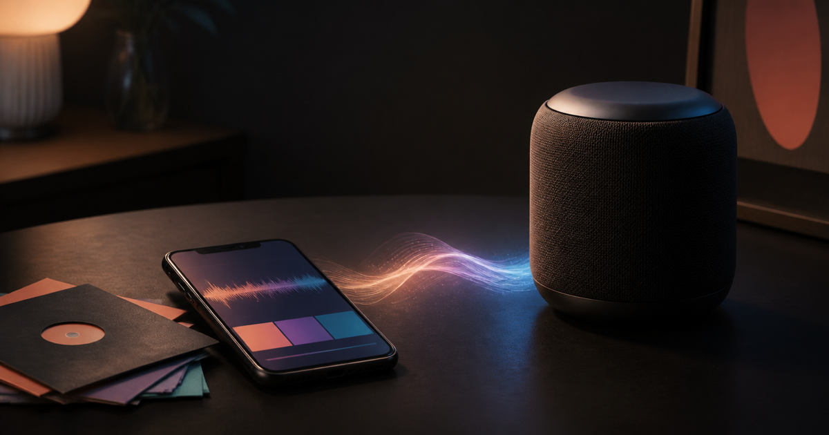 An unbranded phone with an abstract audio waveform sends a peach-and-periwinkle light trail toward a dark wireless speaker, beside blank music sleeves on a desk.