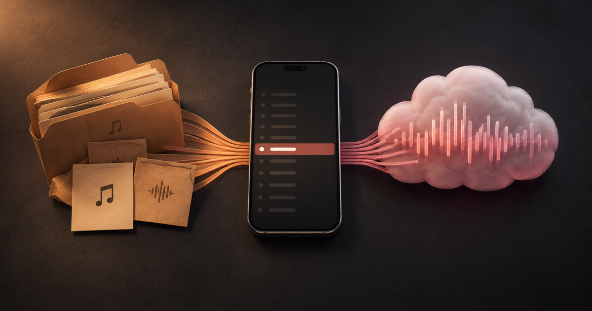 An abstract iPhone between a folder of personal music files and a glowing cloud-like music collection, connected by separate lines into one listening queue.