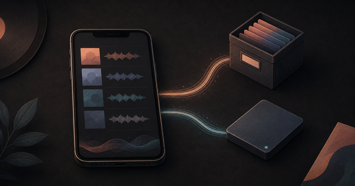 An abstract iPhone music library beside a separate archive box and a second copy, connected by calm backup lines on a dark desk.