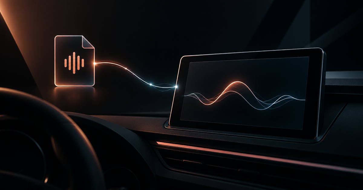 Abstract in-car display outline with a music wave and a personal-library file symbol.