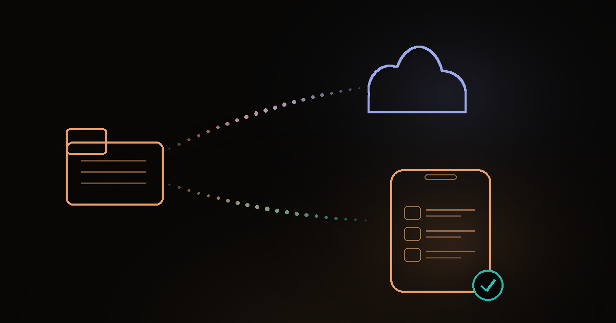 A dark diagram of a personal music folder branching toward a cloud-storage path and an on-device music-library path, with a small offline check on the device path.