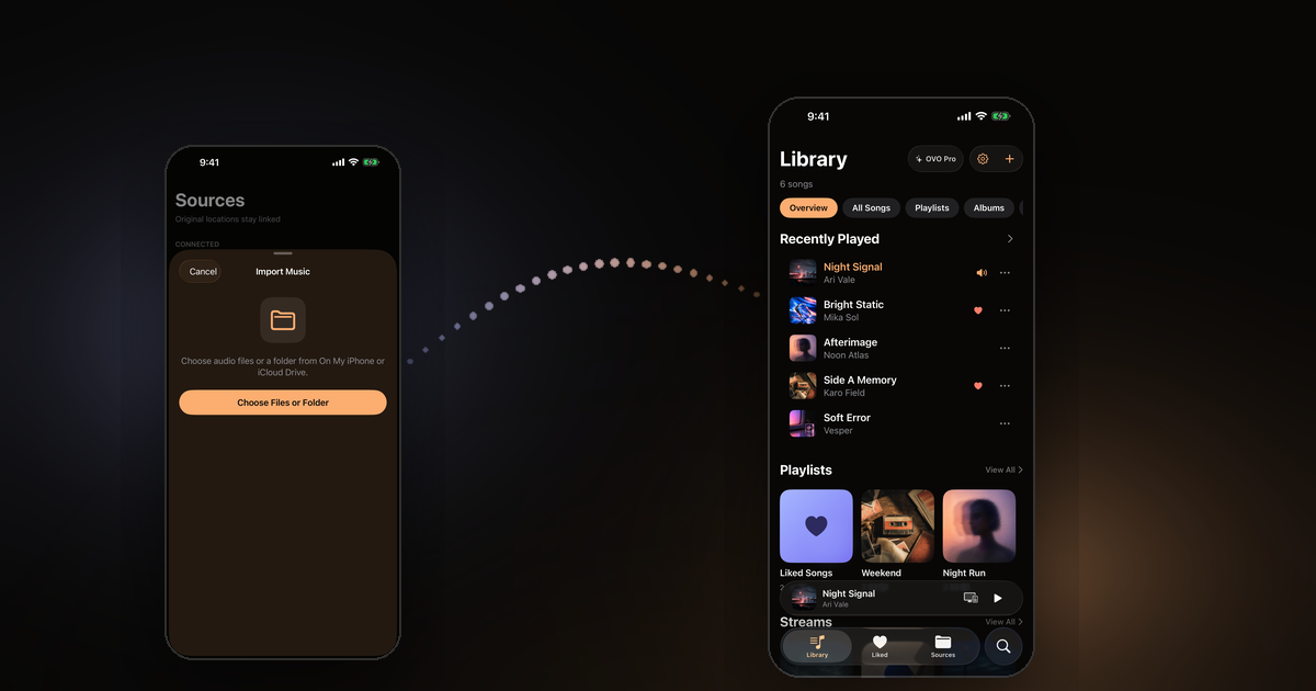 An iPhone showing an iCloud Drive music folder beside an offline OVO music library.