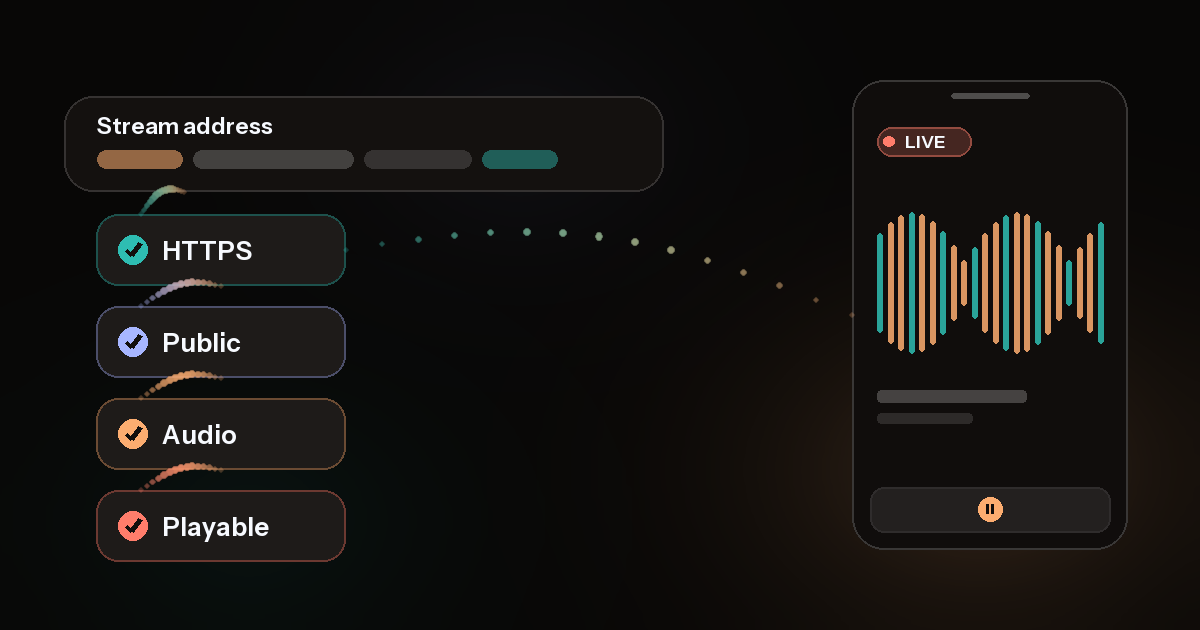 A direct audio stream URL passing through validation checks before playing on an iPhone in OVO.