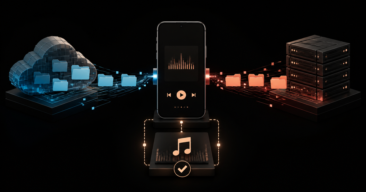 An iPhone music library connected to separate iCloud Drive and secure WebDAV folder sources, with a distinct on-device playback check.
