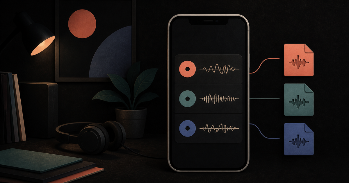 An abstract iPhone playlist linked to three personal audio files in a dark music workspace.