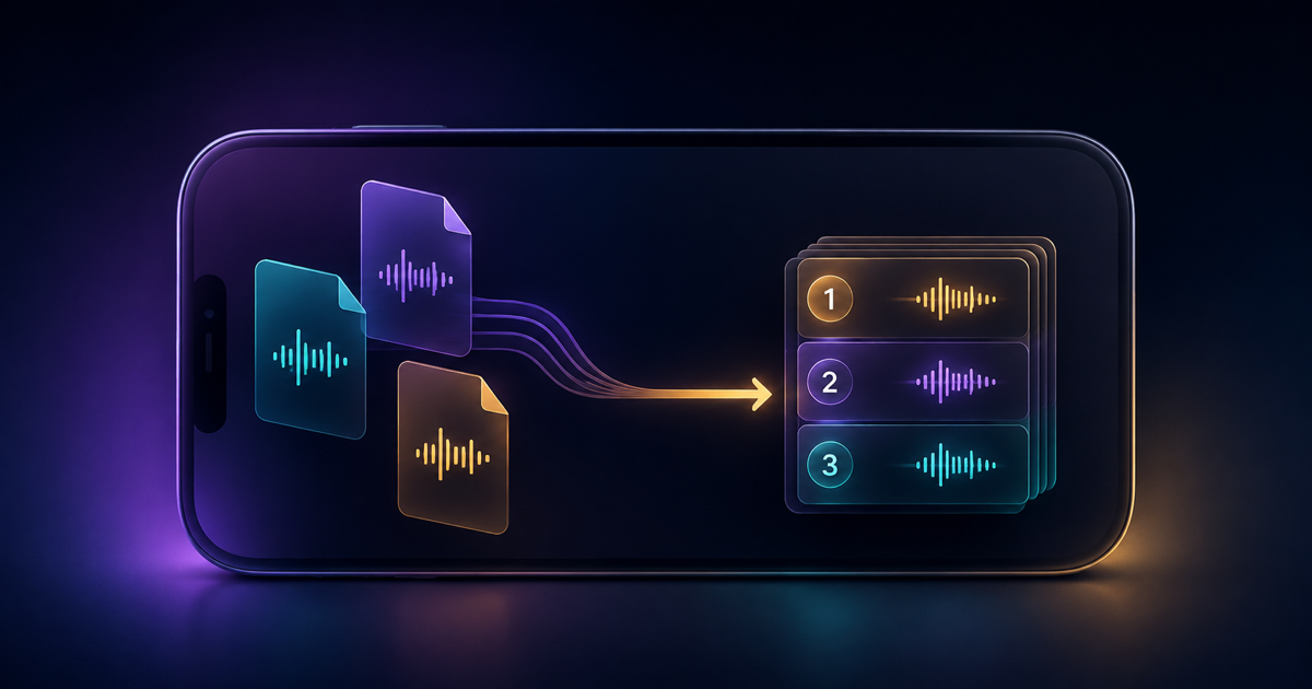 Abstract local audio-file cards flowing into an ordered three-track queue on a generic phone.