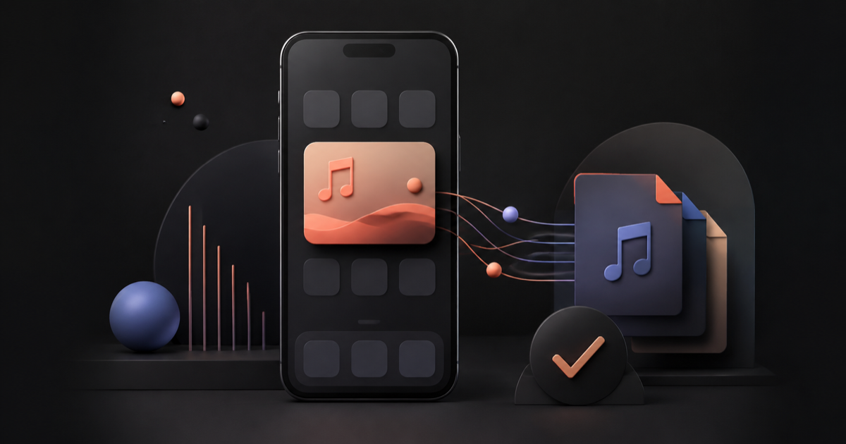 A generic phone Home Screen with a compact music card, connected to a local music library and an offline check mark.