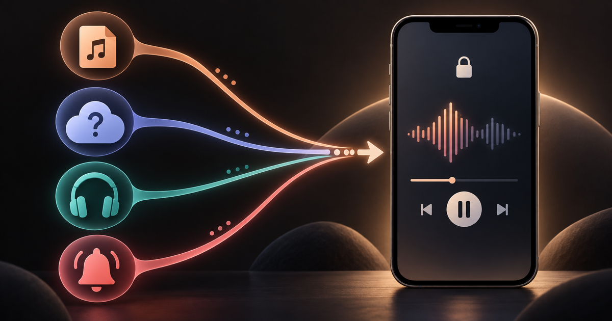 An abstract phone lock screen with music controls, with colored paths from local file, cloud question, headphones, and notification icons converging on it.