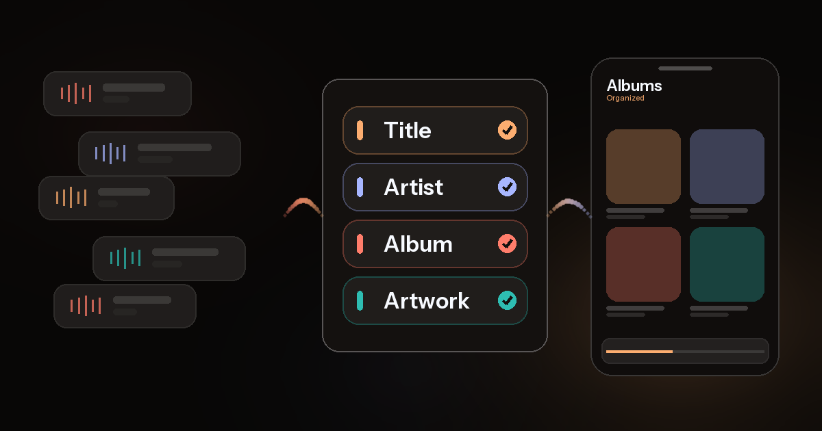 A tidy set of local music files becoming organized album and artist views in OVO on iPhone.