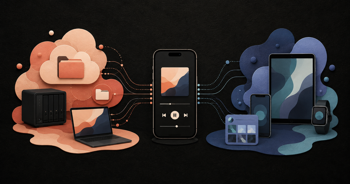 Abstract decision map connecting a cloud-and-computer music setup and an Apple-device music library, with a phone at the center.
