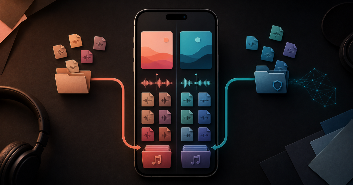 A generic iPhone music library between a warm local-folder flow and a cool secure-folder flow on a dark desk.