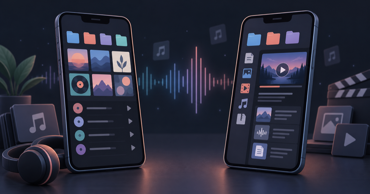 Two unbranded phones compare an organized personal music library with a mixed-media file browser above a shared audio waveform.