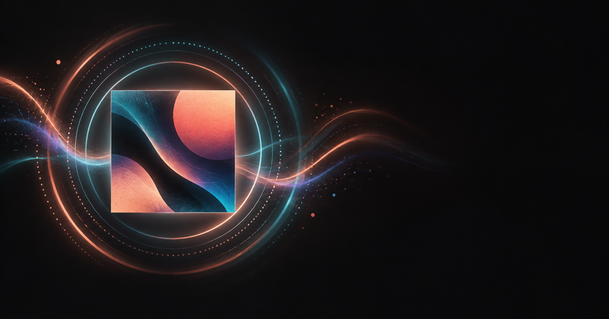 Abstract album artwork surrounded by peach, coral, teal and periwinkle pulse rings, representing visual motion for a personal local music library.