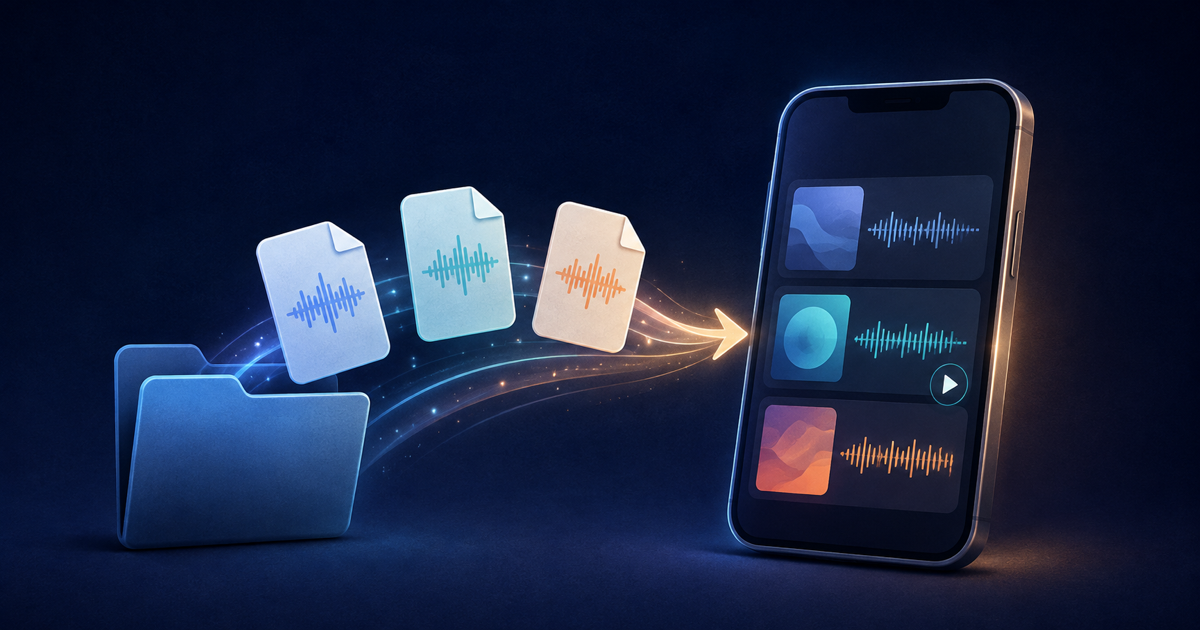 Abstract folder and audio-file cards flowing into an organized music library on a generic phone.