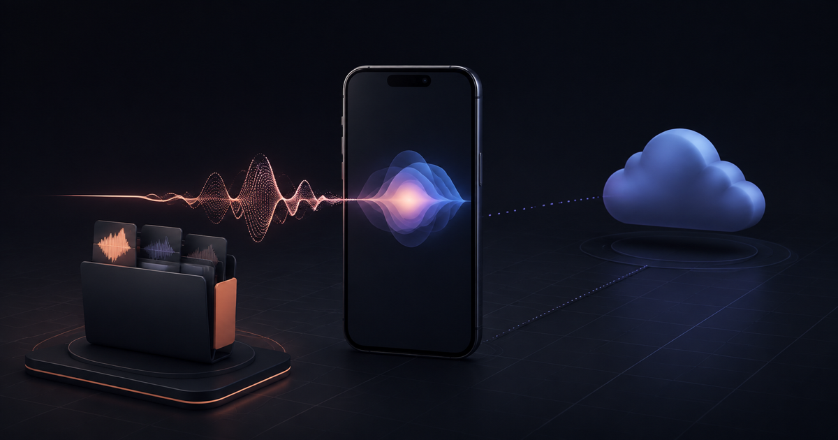 An abstract iPhone with a quiet voice waveform pointing toward a clearly local music folder, with a separate cloud source in the background.