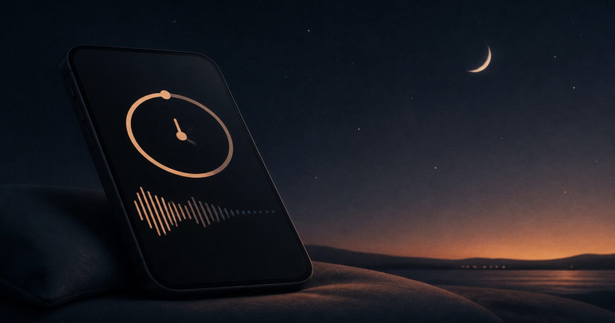 An abstract moonlit phone screen with a small timer ring above a local music queue that fades into a quiet nighttime horizon.