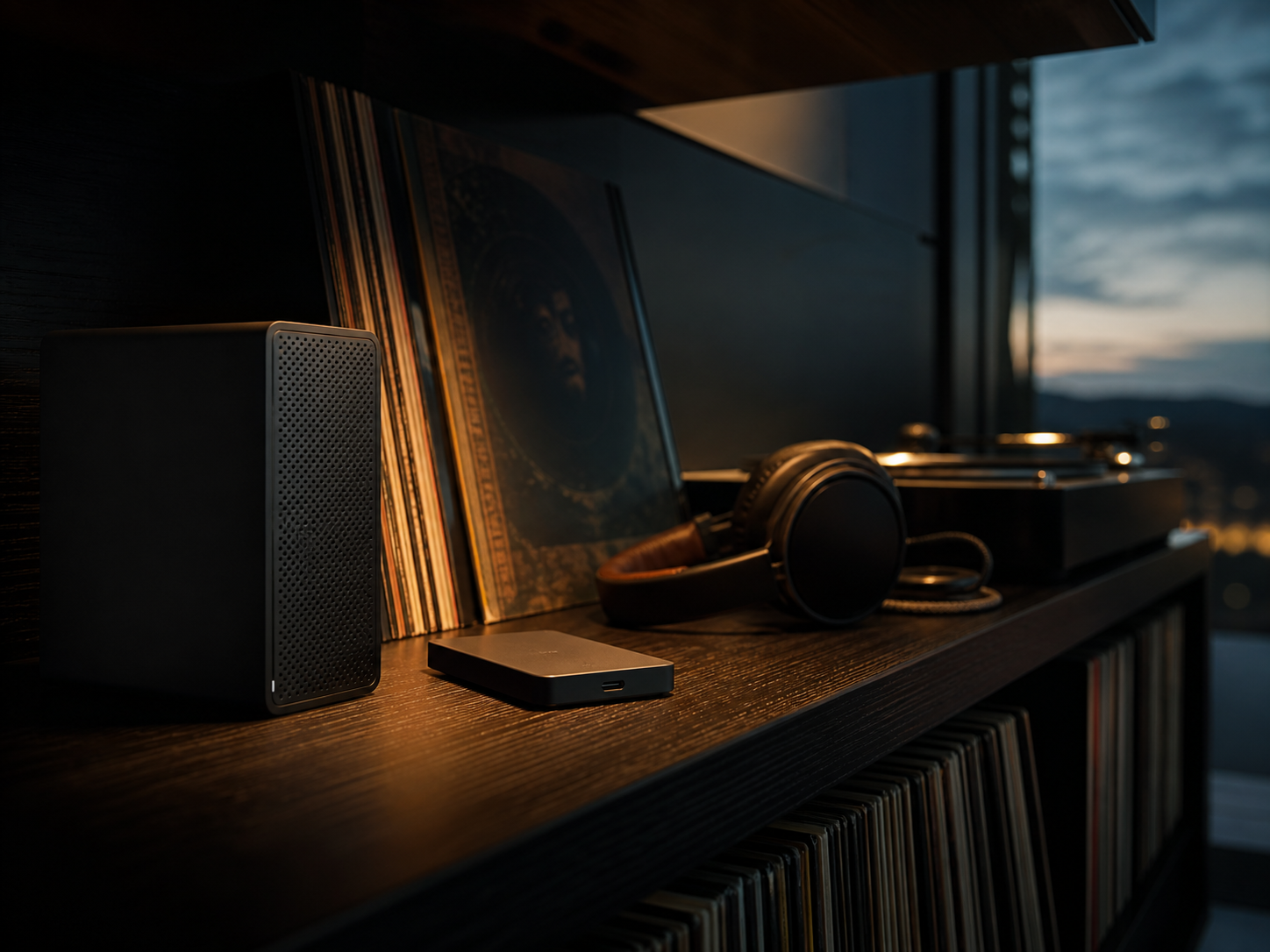 A shelf at dusk holding a speaker, records, headphones and a compact external drive, with a turntable further along.