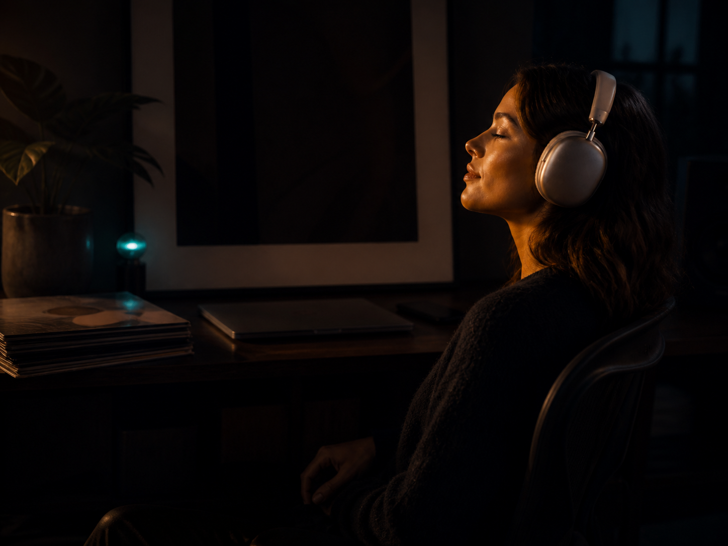 A listener in warm low light wearing over-ear headphones at a desk with records and a laptop.