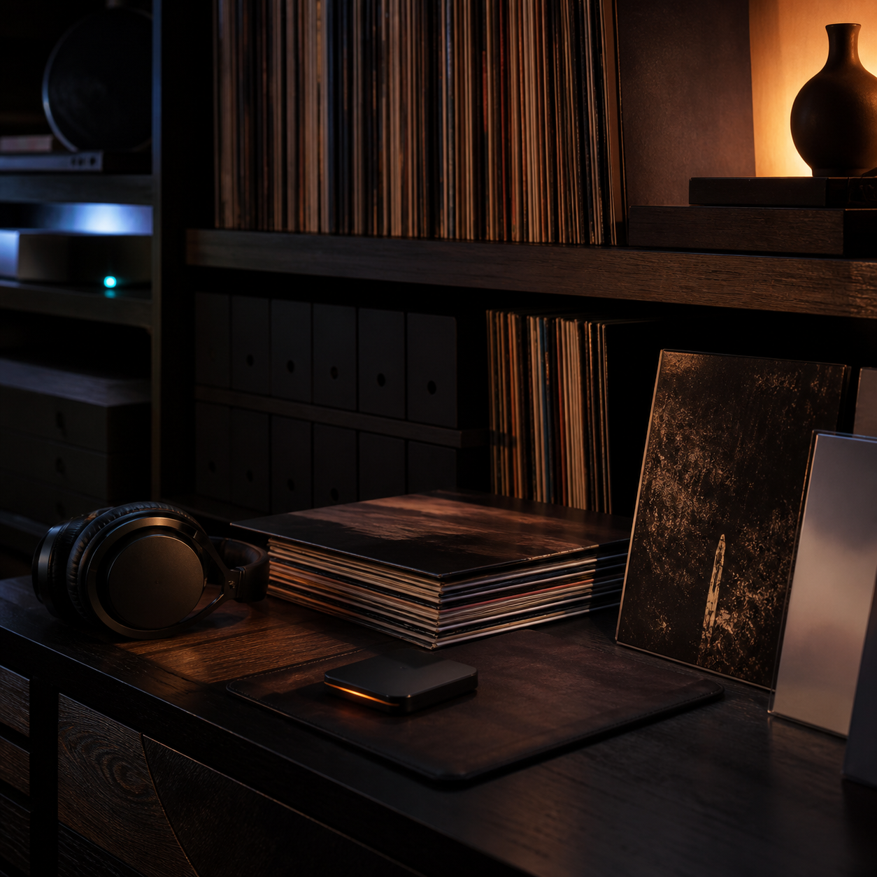 Shelves of records, a stack of sleeves, headphones and a small drive in a dim listening room.