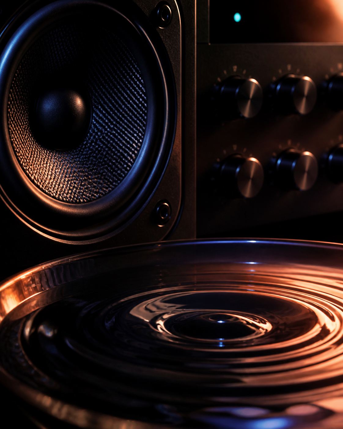 A close view of a speaker driver and amplifier dials above rippling water rings set moving by low frequencies.