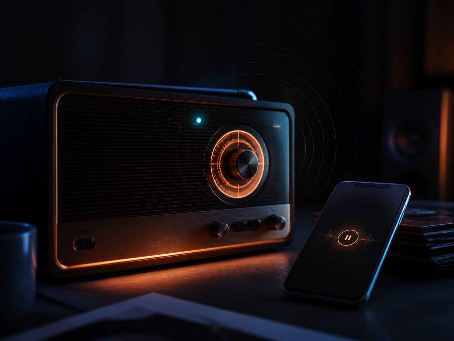 A warmly lit vintage radio beside a phone, with concentric rings suggesting a live broadcast signal.