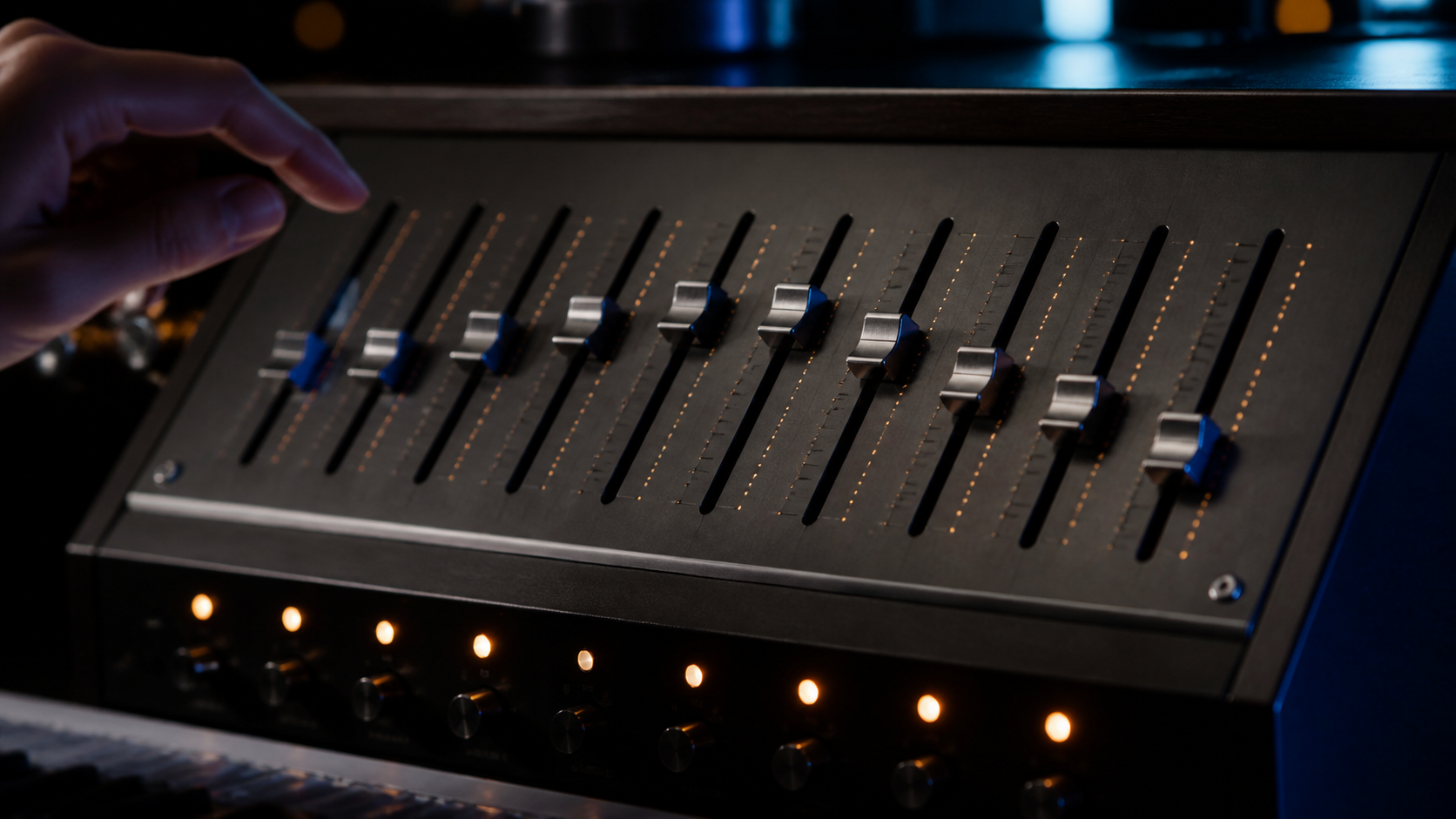 A hand reaching toward the faders of a ten-band hardware equalizer in a dim studio.