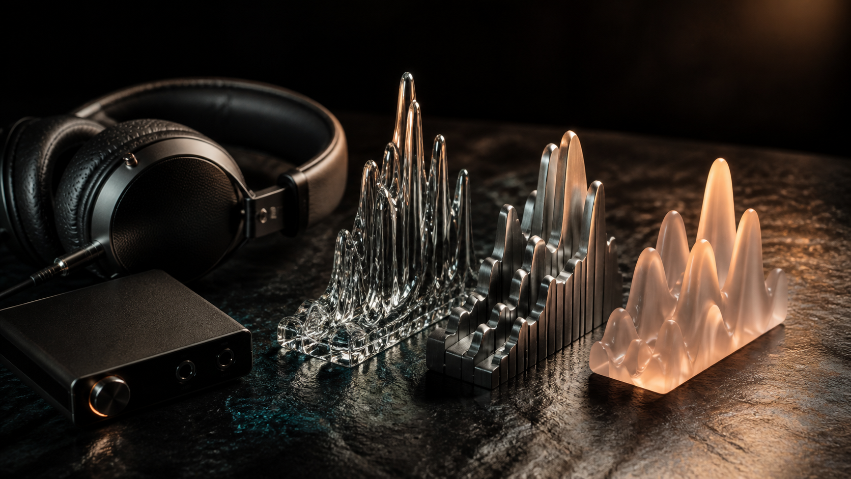 Three sculpted waveform objects in glass, metal and frosted resin beside headphones and a portable amplifier.