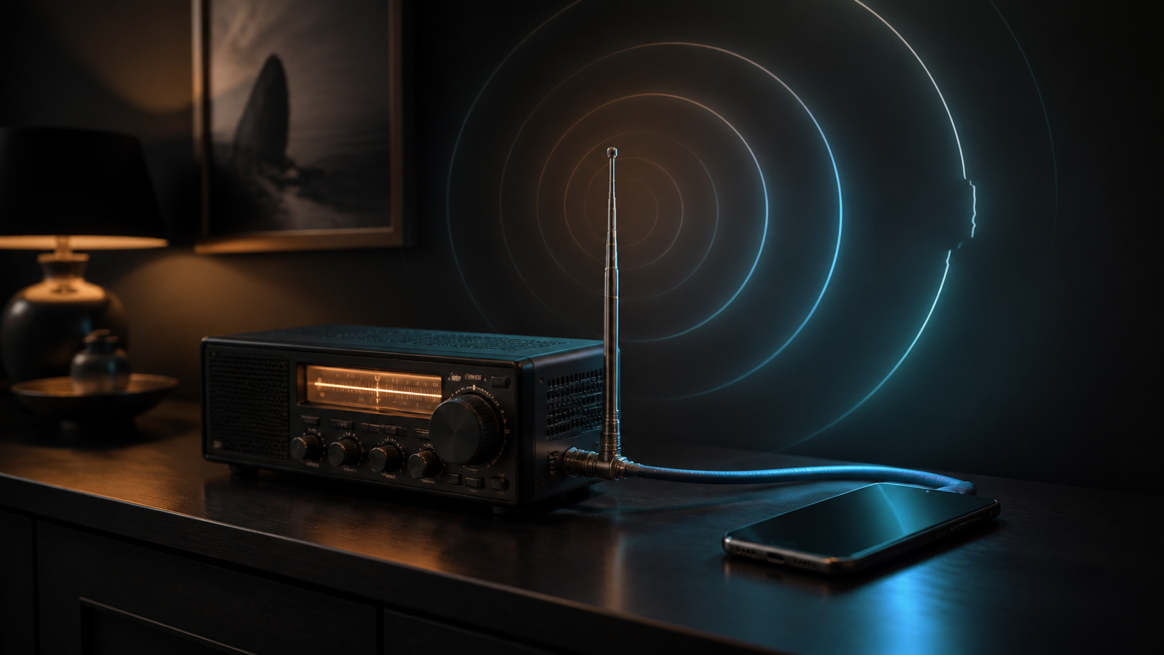 A vintage radio beside a phone, with concentric light rings on the wall suggesting a live broadcast.