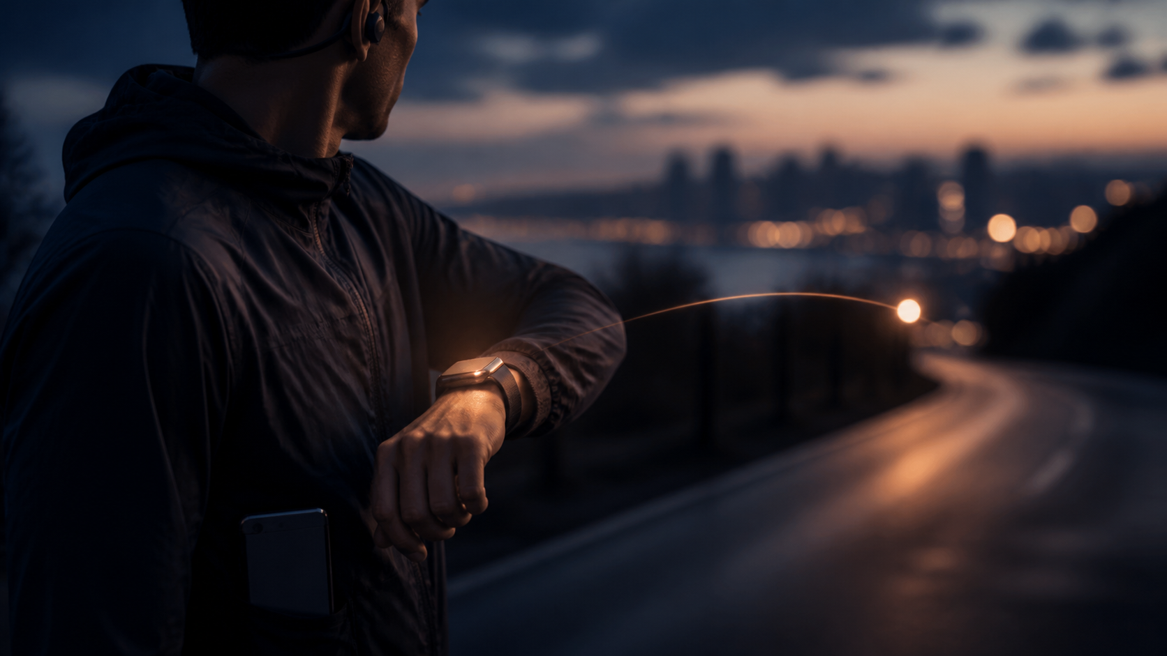 A runner at dusk checking a smartwatch on a road above a city, with a phone in an arm pocket.
