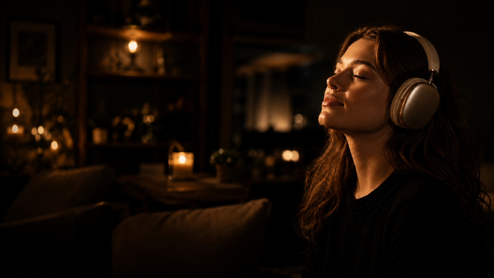 A listener wearing over-ear headphones in a dim room, focused on the music.